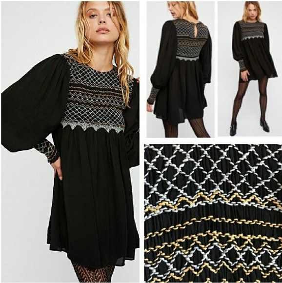 🆕 Free People Long Sleeve Black Dress. Smocked & Embroidery Detailed. NWT - Picture 14 of 15